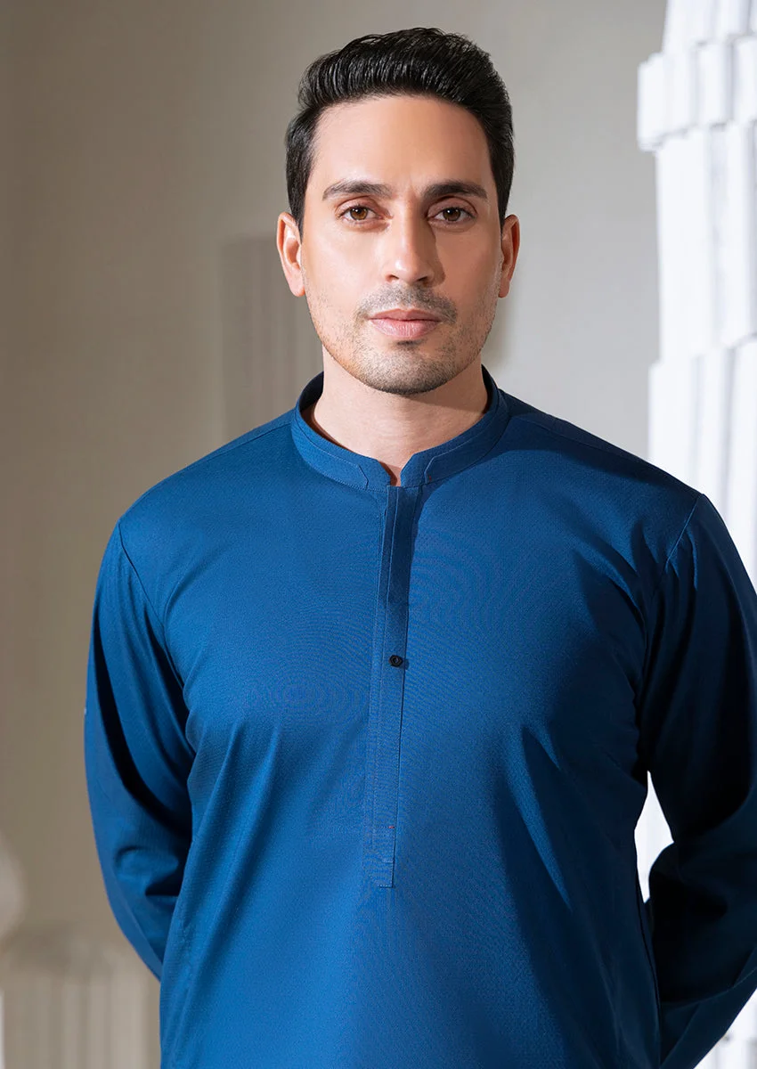 N-Blue-Cotton Dobby-Kurta - (M25KUS1004) - view 4