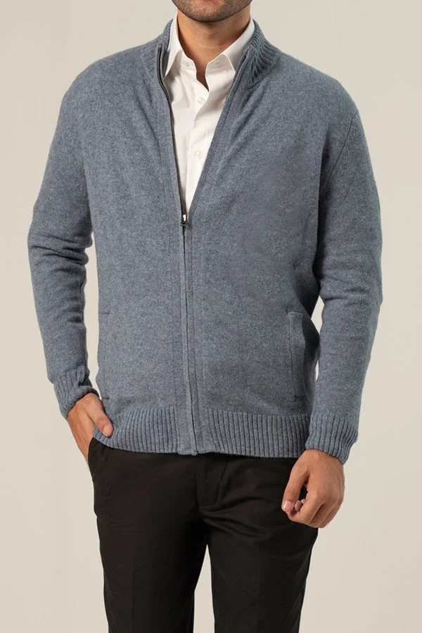 Full-sleeve Lambs Wool Plain Zipper Sweater - SWP26-3 - Blue - Regular Fit