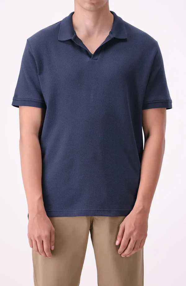 Half-Sleeves Waffle Johnny Collar Polo - Blue (W25PJW01, Regular Fit)