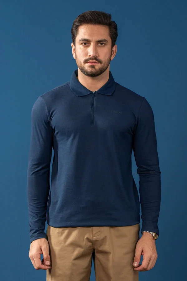 PERFORMANCE FULL SLEEVES ZIPPER POLO - Navy Blue - KZPW24-01