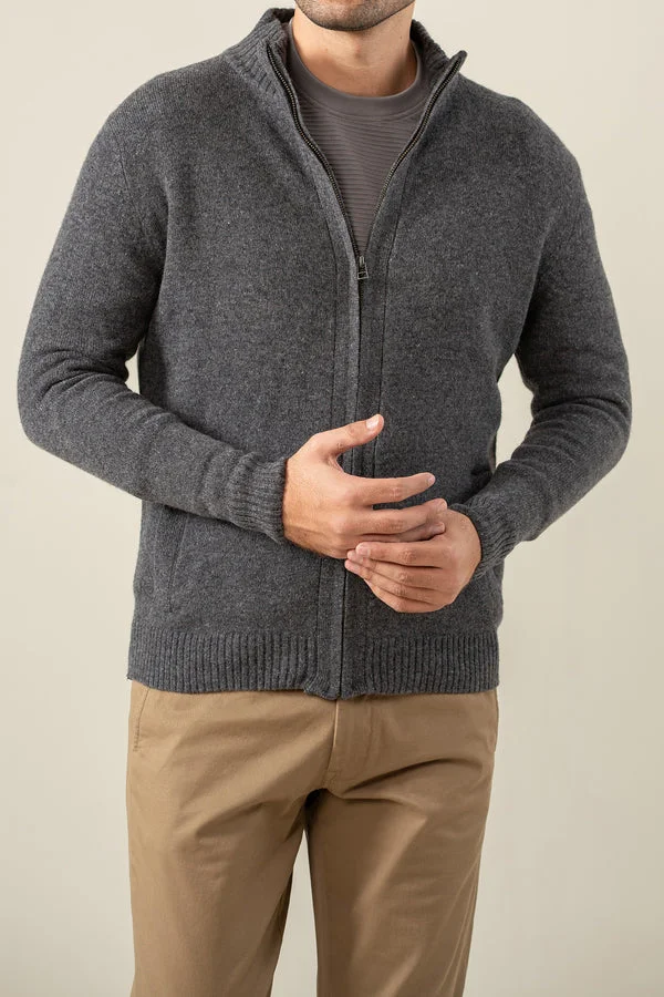 Plain Zipper Full-Sleeve Lambs Wool Sweater - SWP26-3 - Grey