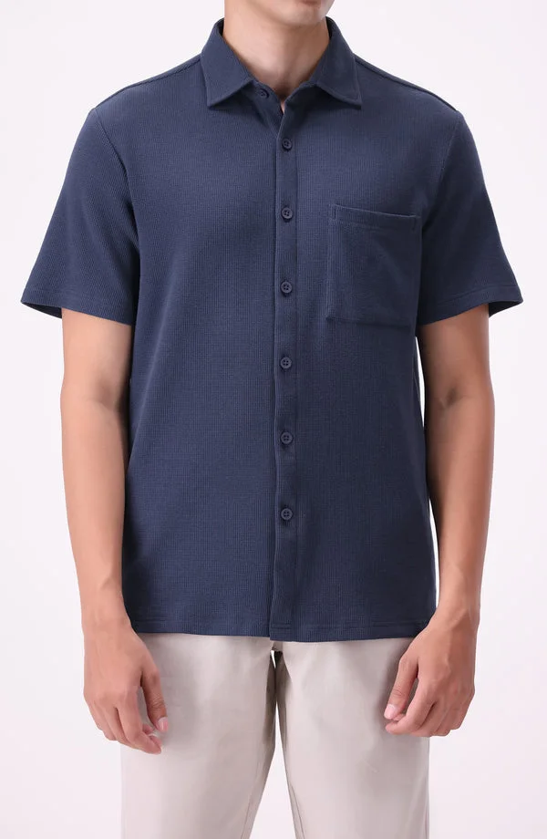 Half-Sleeve Waffle Button Shirt - Coral Blue - W25BSW01