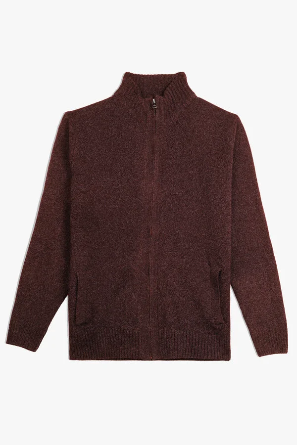 Plain Zipper Full-Sleeve Lambs Wool Sweater - SWP26-3 - Burgundy