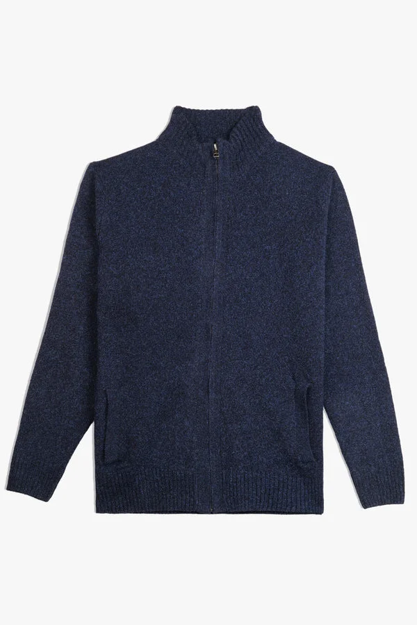 Plain Zipper Full-Sleeve Lambs Wool Sweater - SWP26-3 - Navy Blue