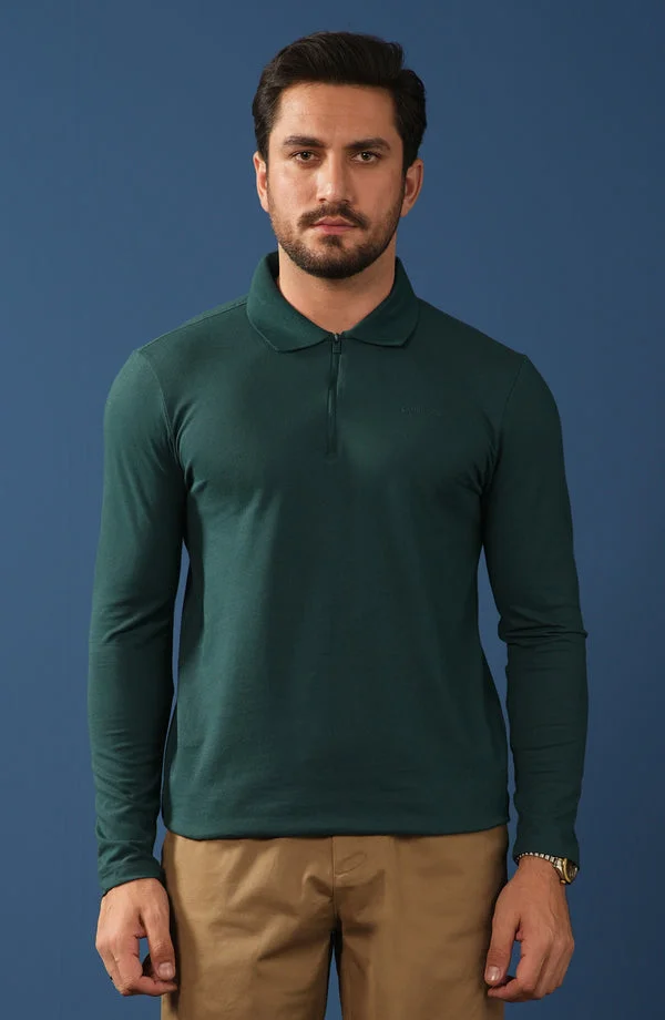 PERFORMANCE FULL SLEEVES ZIPPER POLO - Green - Regular Fit - KZPW24-01