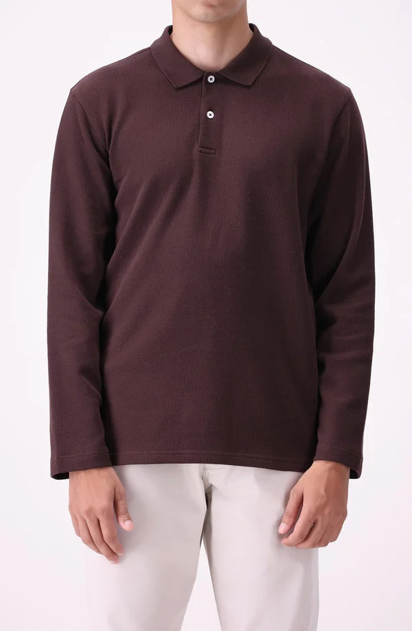 Full-Sleeves Waffle Button Polo - Dark Brown (W25PSW01, Regular Fit)