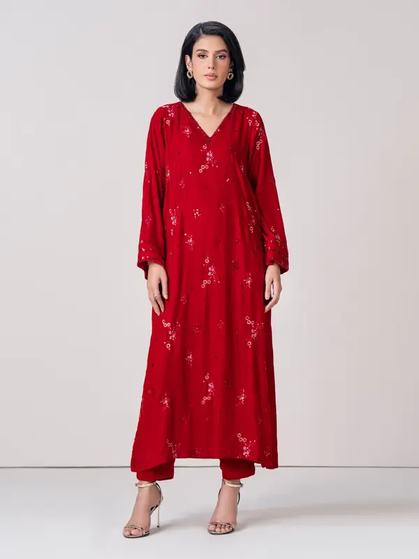 2 Piece Velvet Suit- Embroidered (Pret)