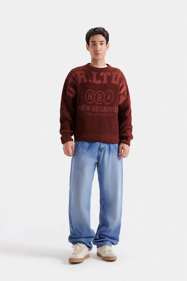 Slogan Print Ribbed Sweater
