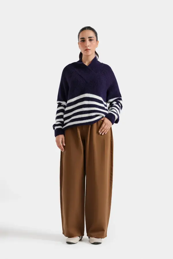 Wrap Collar Striped Sweater