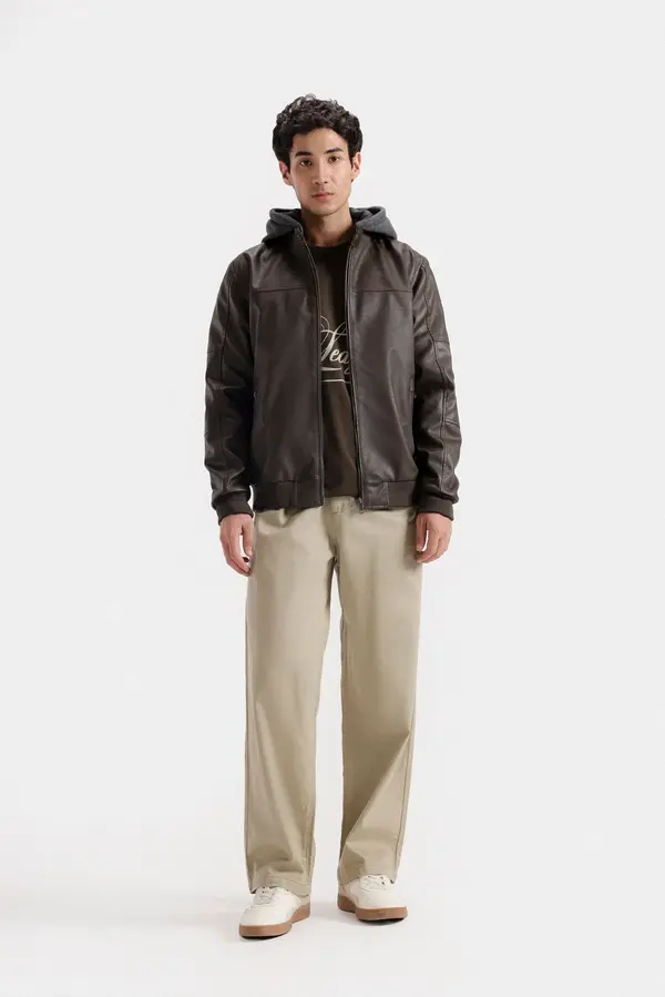 Faux Leather Jacket With Hood
