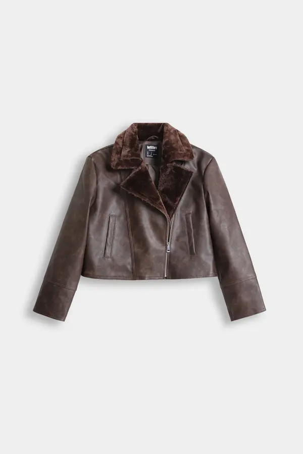 Cropped Faux Leather Jacket With Sherpa Collar