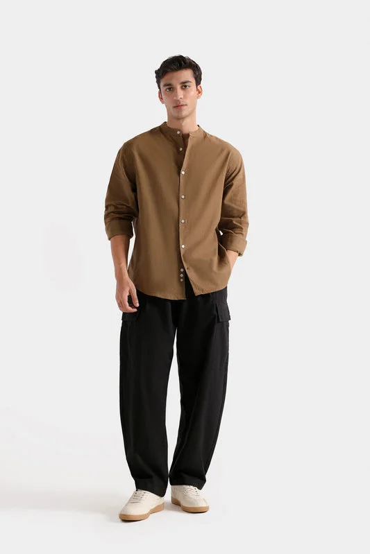 Mandarin Collar Shirt - Dark Brown - Regular Fit - F0785103