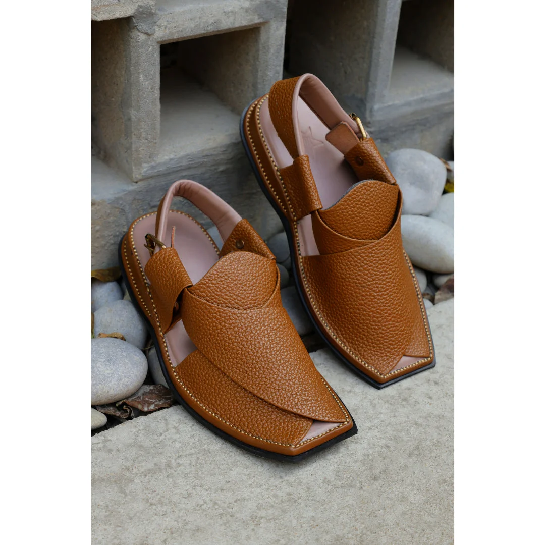 Camel Brown Textured Peshawari Chappals - view 2