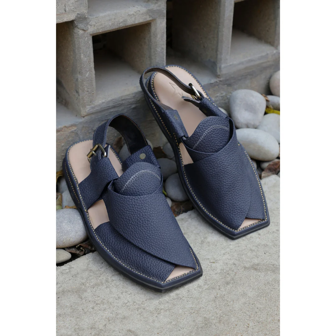 Blue Textured leather Peshawari Chappals - view 2